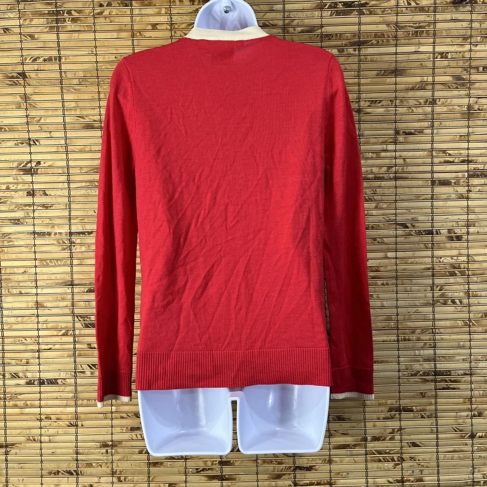 Tory Burch Cardigan Womens S Red Simone‎ Wool Contrast Trim V-Neck Logo Button
